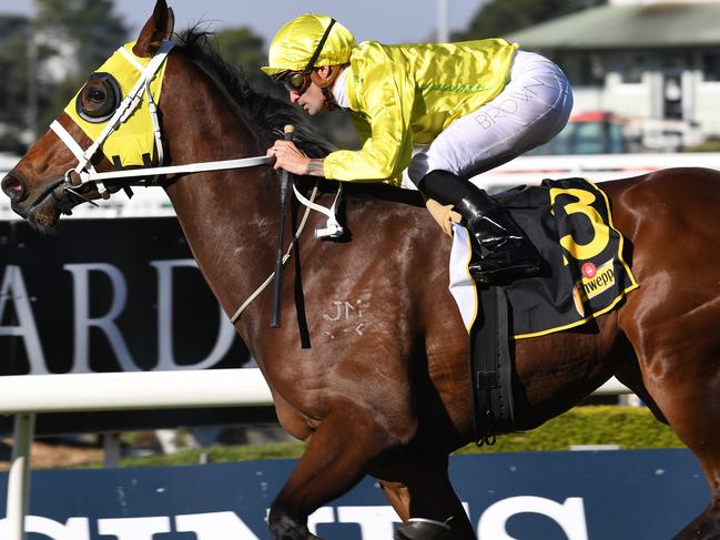 Rosehill Gardens Winter Challenge, Race 6 -SCHWEPPES HANDICAP (2000 METRES) Winner NO 13 Vaucluse Bay, ridden by Jockey Corey Brown in Sydney, Saturday, July 29, 2017. (AAP Image/Brendan Esposito) NO ARCHIVING, EDITORIAL USE ONLY