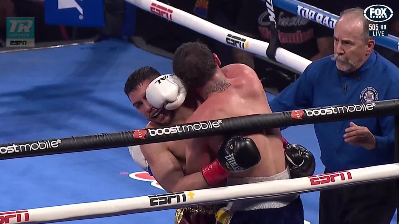 Melendez presses his glove into the cut above Andres Cortes' left eye. Picture: Supplied