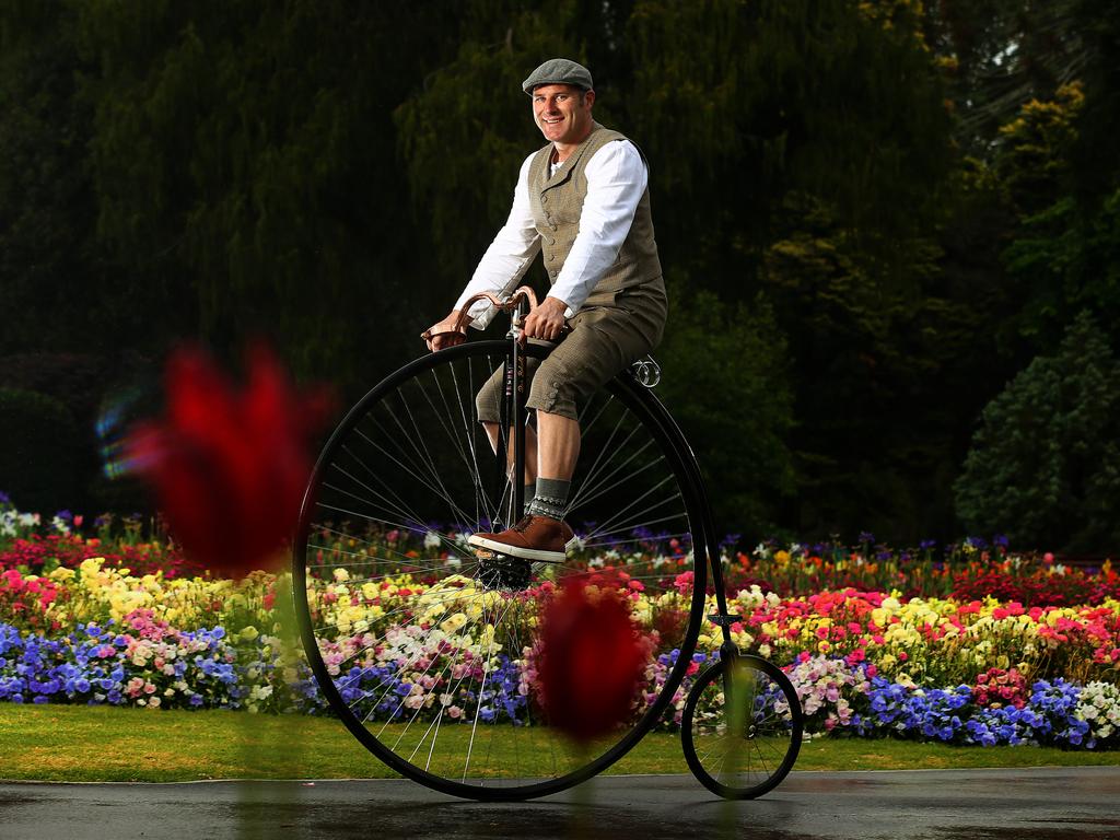 Dan Bolwell riding his Penny Farthing Bike through Queens Park in Toowoomba. Dan was in town for 2018 Lost Trades Fair. Picture: Adam Head