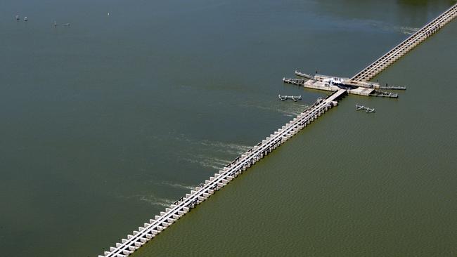 Water flowing through the Goolwa barrages of the River Murray.