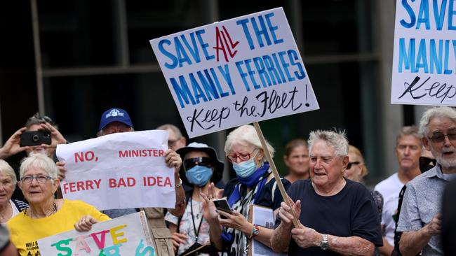 The replacement of the Freshwater-class ferries has been the focus of a series of protests by those opposed to the Emerald-class vessels. A Save the Manly Ferry protest opposite NSW Parliament House in March, 2021. Picture: NCA NewsWire / Damian Shaw