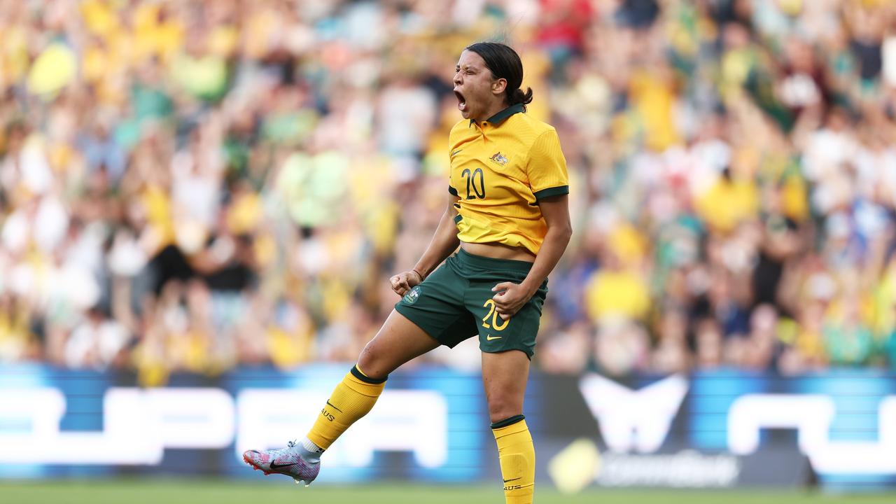 SYDNEY, AUSTRALIA - FEBRUARY 19: Sam Kerr of Australia celebrates scoring a goal that was later ruled offside during the 2023 Cup of Nations Match between Australian Matildas and Spain at CommBank Stadium on February 19, 2023 in Sydney, Australia. (Photo by Matt King/Getty Images)