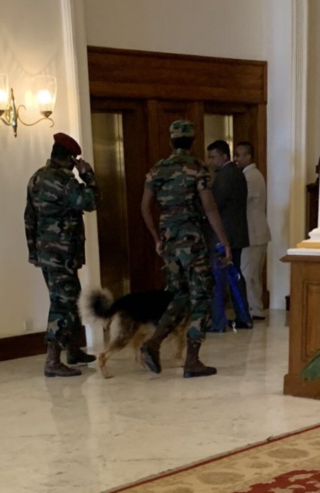 The police with dogs searching the Galle Face Hotel in Colombo following the blasts. Picture: Supplied