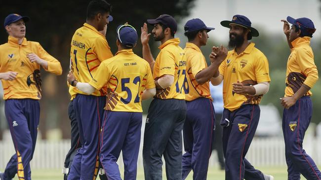 Kingston Hawthorn players celebrate a wicket. Picture: Valeriu Campan