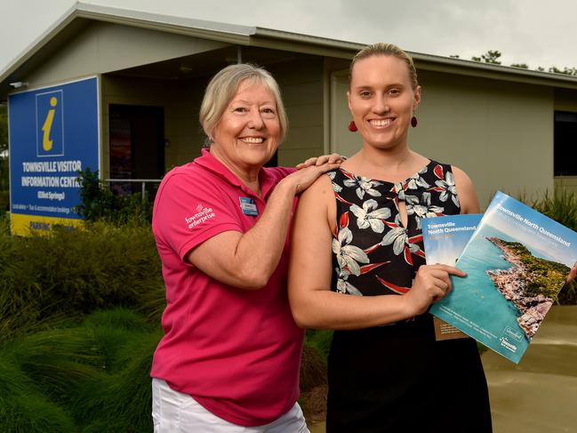 Volunteer Jeanette Denmead with Townsville Enterprise director of Tourism Events Lisa Woolfe at the new Visitor Information Centre at Elliott Springs. Picture: Evan Morgan