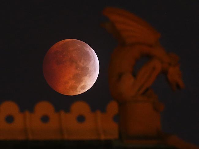 A lunar eclipse appears behind a gargoyle atop the old red Dallas County Courthouse. Picture: AP Photo/The Dallas Morning News, Tom Fox