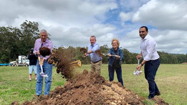 Alastair Milroy, Federal Member for Page Kevin Hogan, Coffs Harbour Mayor Denise Knight and State Member Gurmesh Singh turn the first sod on the Woolgoolga Sports Complex.