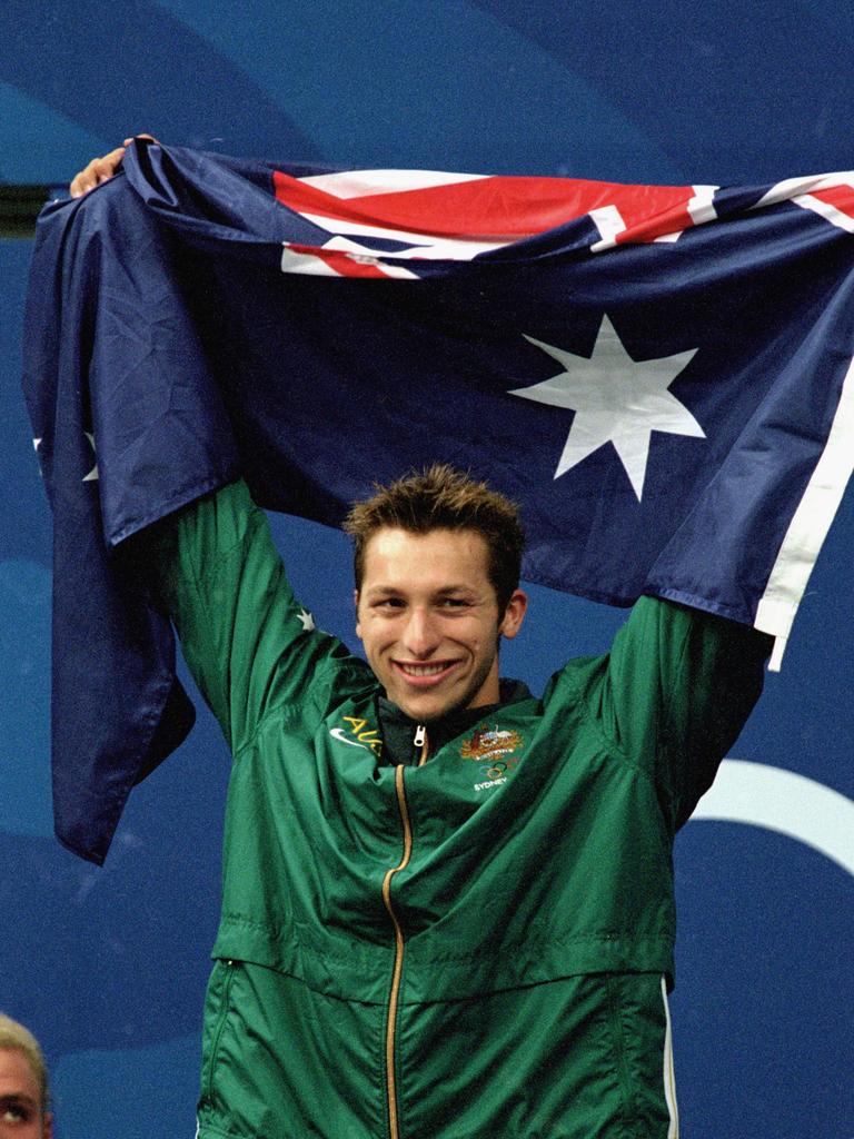 Ian Thorpe celebrates after winning gold st the Sydney Olympics,