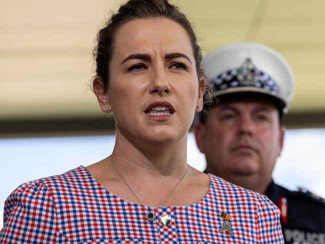 Lia Finocchiaro Chief Minister of the Northern Territory and NT's acting police commissioner Martin Dole at the press conference in Palmerston Police Station. Picture: Pema Tamang Pakhrin