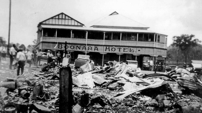 This photo shows the ruins of the original Grand Hotel at Goomeri which was destroyed by fire on December 24, 1939. Eight people lost their lives. Photo John Oxley Library. Picture: Contributed