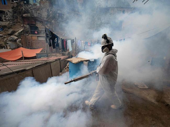 (FILES) A member of a health brigade fumigates a street against the dengue virus at a shanty town on the hills of San Juan de Lurigancho district, Lima on May 11, 2023. The Peruvian government will declare a state of health emergency in 20 of its 25 regions as of February 27, 2024, due to a strong outbreak of dengue fever, the chief of staff announced on February 26. (Photo by Cris BOURONCLE / AFP)