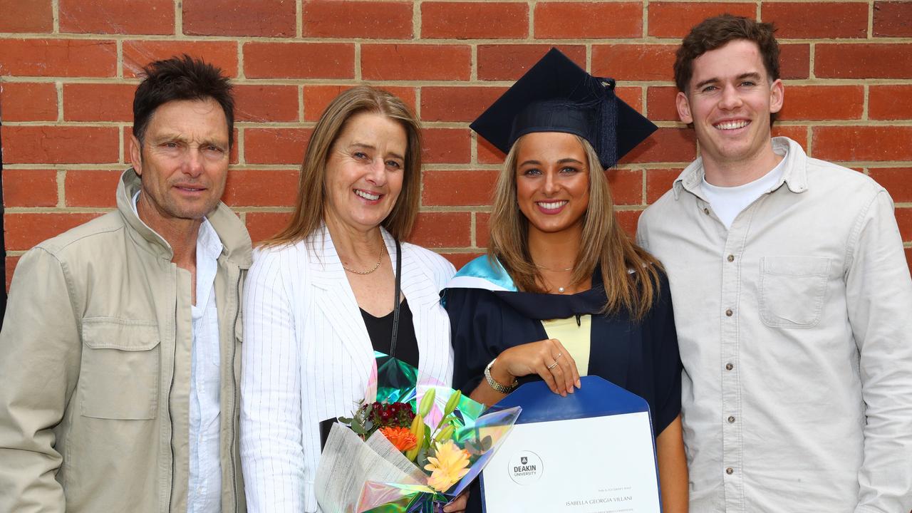 Deakin University graduate Isabella Villani with parents Michael and Jackie and boyfriend Sam Laube. Picture: Alison Wynd