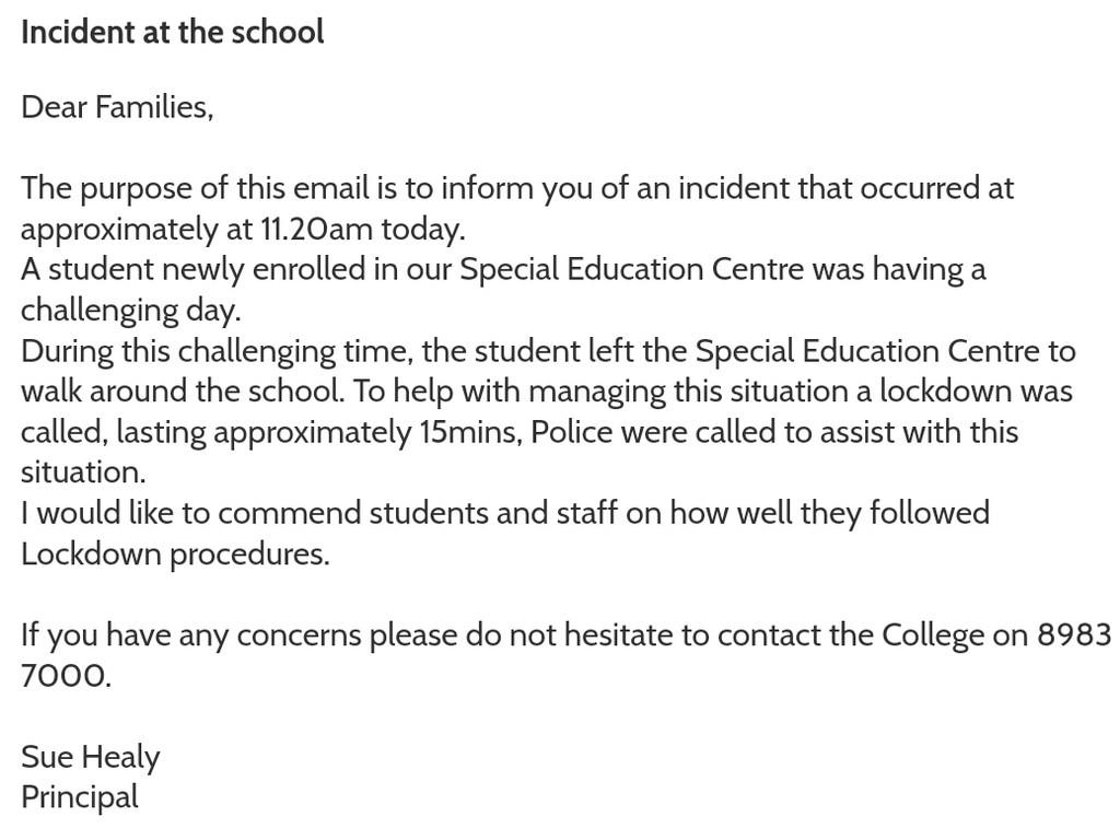 Note sent to Taminmin College parents after an incident and lockdown at the school on February 10, 2022. Picture: Supplied.