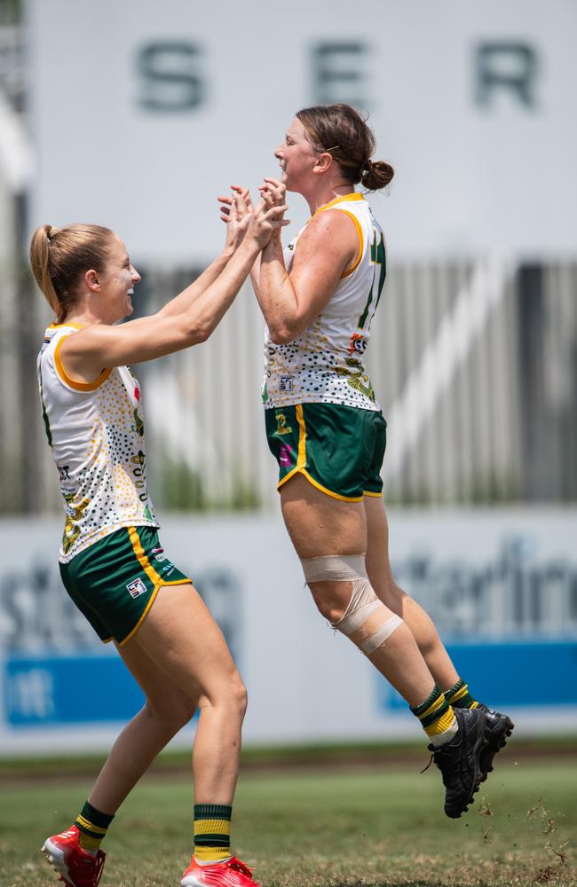 Hillary Grubb celebrates in the PINT vs St Mary's 2023-24 NTFL women's major semifinal. Picture: Pema Tamang Pakhrin