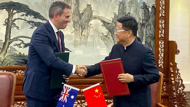 Treasurer Jim Chalmers with China’s National Development and Reform Commission chairman Zheng Shanjie in Beijing on Thursday. Picture: Will Glasgow