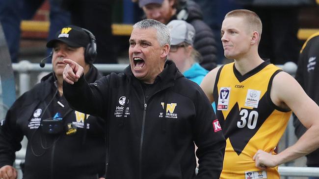 VFL First semi-final. 08/09/2019. Essendon v Werribee at North Port Oval..   Werribee coach Mark Williams screams from the bench late in the last qtr   . Pic: Michael Klein.