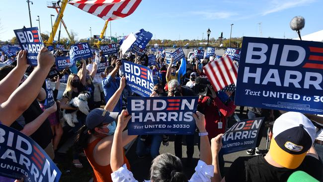 Supporters of president-elect Joe Biden celebrate his victory in the 2020 presidential election outside the Chase Center in Wilmington, Delaware on November 7. Picture: AFP