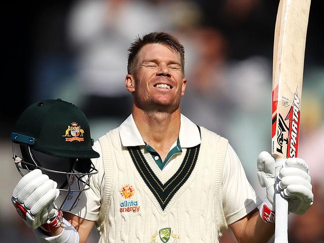 ADELAIDE, AUSTRALIA - NOVEMBER 30: David Warner of Australia celebrates his triple century during day two of the 2nd Domain Test between Australia and Pakistan at the Adelaide Oval on November 30, 2019 in Adelaide, Australia. (Photo by Mark Kolbe/Getty Images)