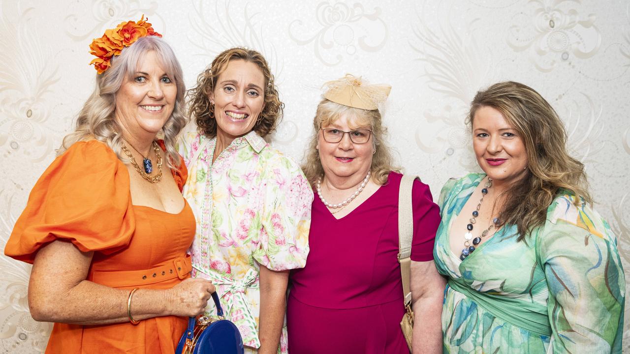 At Hope Horizons Melbourne Cup charity lunch are (from left) Vicki Krause, Mary-Lou Janke, Rosie Sheppard and Liz Erbacher, the lunch is hosted by Rotary Club of Toowoomba City at Burke and Wills Hotel, Tuesday, November 5, 2024. Picture: Kevin Farmer