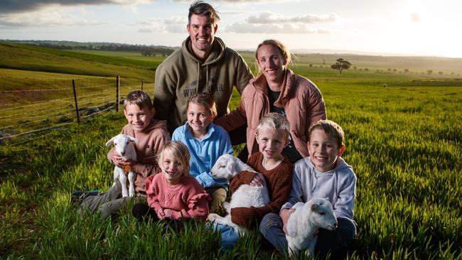 Ben and Kerry Heinrich with their children Archer, 9, Emmison, 10, Macartney, 4, George, 6, and Fredrick, 8. Picture: Matt Turner