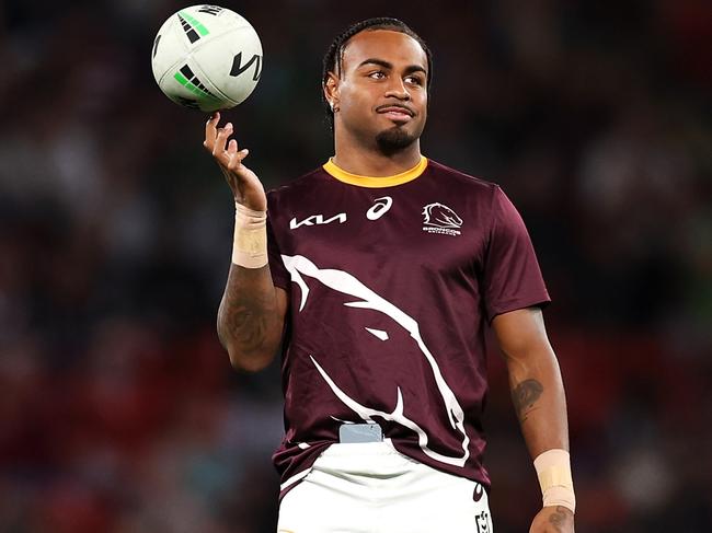 BRISBANE, AUSTRALIA - MAY 17: Ezra Mam of the Broncos looks on as he walks on the field during the half time break of the round 11 NRL match between Canberra Raiders and Canterbury Bulldogs at Suncorp Stadium, on May 17, 2024, in Brisbane, Australia. (Photo by Hannah Peters/Getty Images)