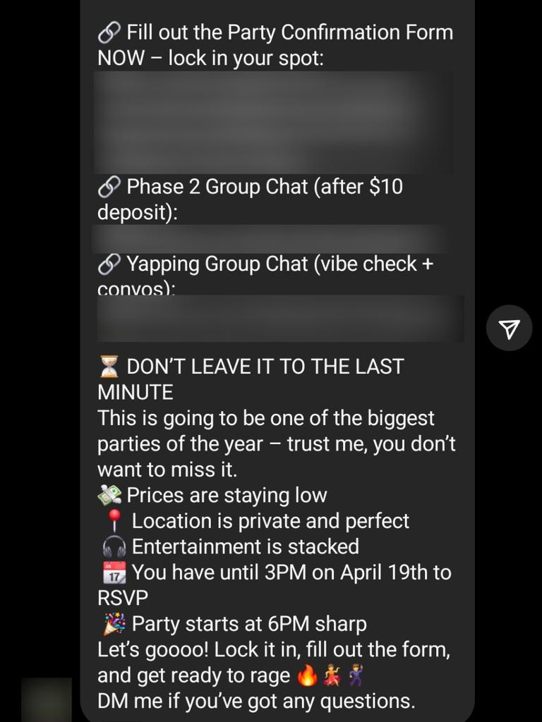 An advertisement for the party in a group chat. Picture: Supplied