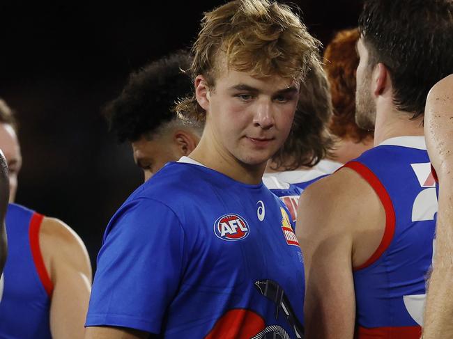 Ryley Sanders after being subbed out in the third quarter against Essendon. Picture: Michael Klein