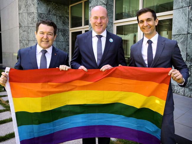 Senator Dean Smith, Trent Zimmerman MP and Trevor Evans MP at Parliament House in Canberra. Picture: Kym Smith