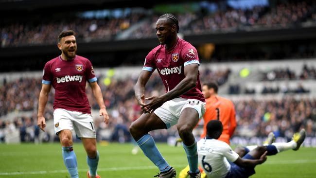 West Ham’s Michail Antonio does a victory dance after scoring the winner against Tottenham. Picture: Getty Images