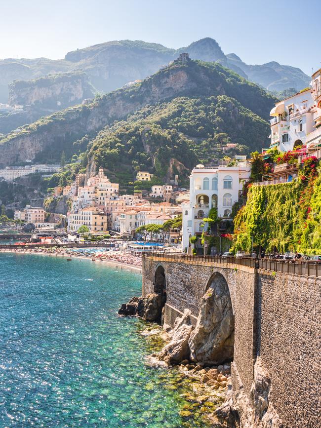 Amalfi town from Atrani, Amalfi Coast, Campania, Sorrento, Italy. View of the town and the seaside in a summer sunset