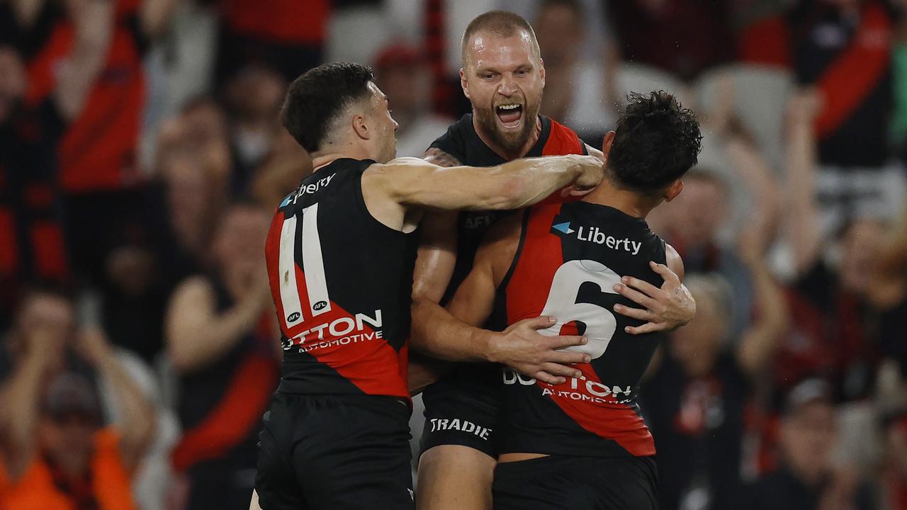 MELBOURNE , AUSTRALIA. March 30, 2024. AFL Round 3. Essendon vs St Kilda at Marvel Stadium. Jake Stringer of the Bombers celebrates his goal that put the bombers infront 4th qtr . Pic: Michael Klein