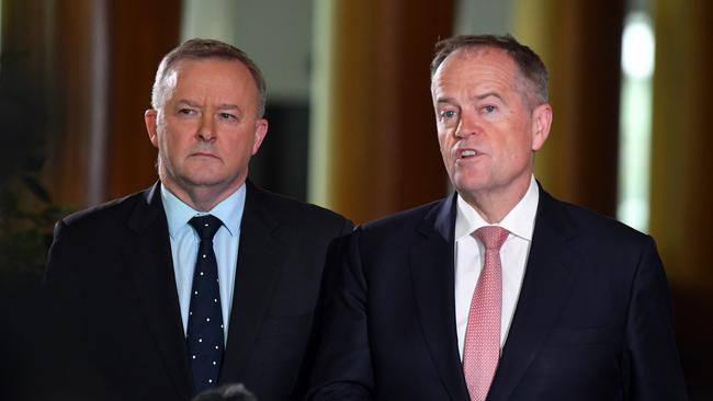 Leader of the Opposition Anthony Albanese and former leader of the opposition Bill Shorten in Canberra.