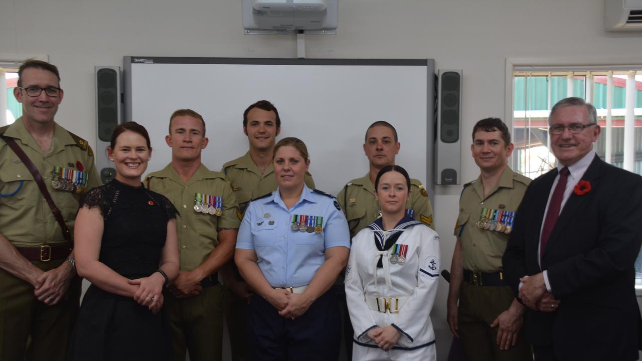 Major Craig Campbell, Mayor Keith Campbell and Kirstie Schumacher with the OIC Catafalque Party members SGT Bradley Gillespie, CPL Melissa Rowell, CPL Jack Fife, CPL Christopher Maher, LS Mikalah Stewart and CPL Bryan Maunder at the 2019 Kingaroy Remembrance Day service. (Photo: Jessica McGrath)