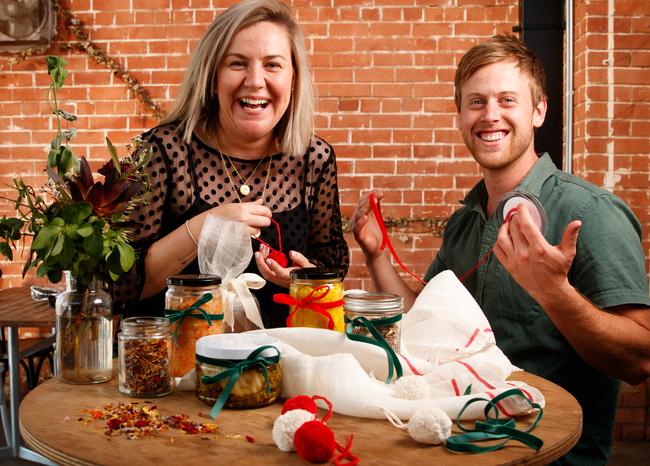 Food author Rebecca Sullivan with Sam Whitehead at Plant 4 Bowden ahead of the Christmas workshop. Picture: Matt Turner