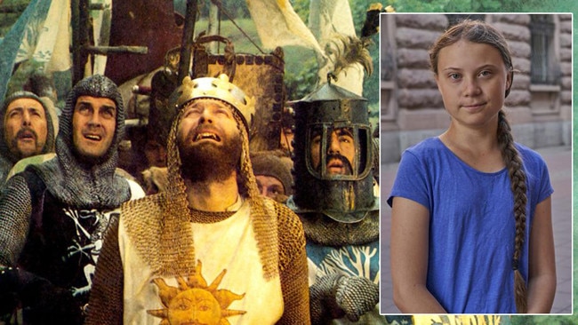 Monty Python's Holy Grail, and (inset) pig-tailed climate soothsayer Greta Thunberg