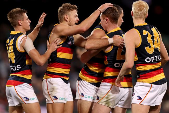 Crows Tom Lynch celebrates a goal against Port Adelaide Power in Showdown 46 at Adelaide Oval. Picture: James Elsby/Getty