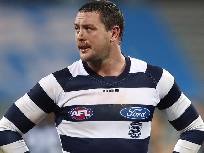 Jack Steven of the Cats looks dejected after a loss during the Round 3 AFL match between the Geelong Cats and the Carlton Blues at GMHBA Stadium in Melbourne, Saturday, June 20, 2020. (AAP Image/Dylan Burns) NO ARCHIVING, EDITORIAL USE ONLY