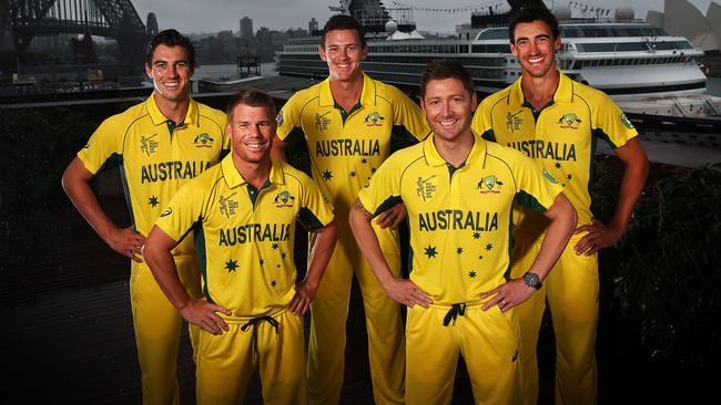 Pat Cummins, David Warner, Josh Hazlewood, Michael Clarke and Mitchell Starc at the announcement of the Australian World Cup squad. Australia and New Zealand will host the 2015 ICC Cricket World Cup which starts next month. pic. Phil Hillyard