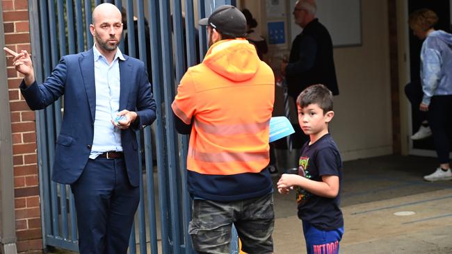 Liberal candidate Simon Kennedy speaks to voters yesterday. Picture: Jeremy Piper