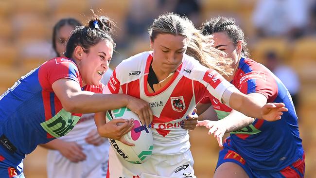 Andie Robinson hits it up for the Dragons. Picture: Albert Perez/Getty Images