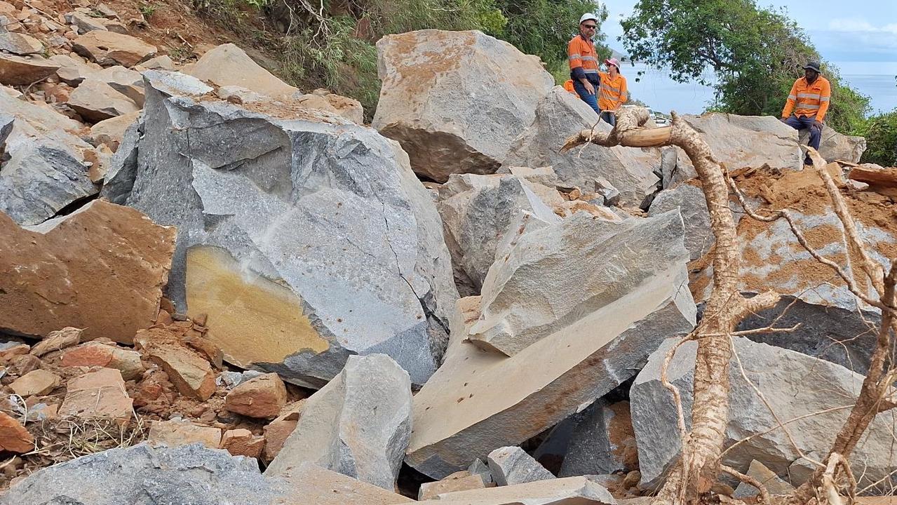 TMR crews are breaking up the monster boulder that fell on the Captain Cook Highway near Rex Lookout between Cairns and Port Douglas. Picture: Supplied