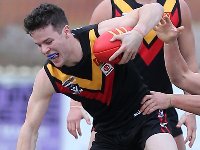 Ballarat FNL, Round 9, Bacchus Marsh Cobras V Sunbury Bulldogs, at Bacchus Marsh,  Bacchus Marsh won 15-8-98 v 6-11-47,   Jack Parente, 23,   Bacchus Marsh  &  Jayden Eales, 16,  Sunbury,     Picture Yuri Kouzmin