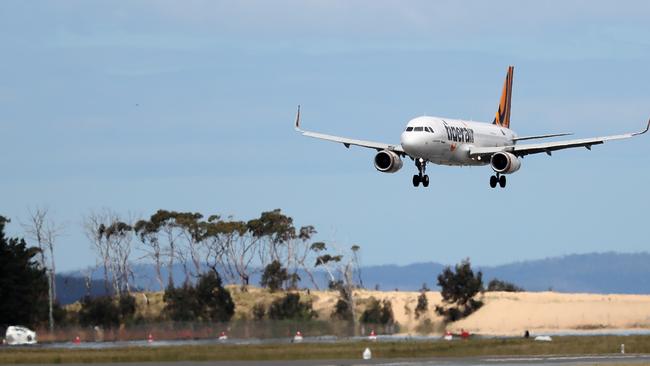 First Tigerair plane direct from Gold Coast to Hobart comes into land at Hobart Airport. Picture: SAM ROSEWARNE.