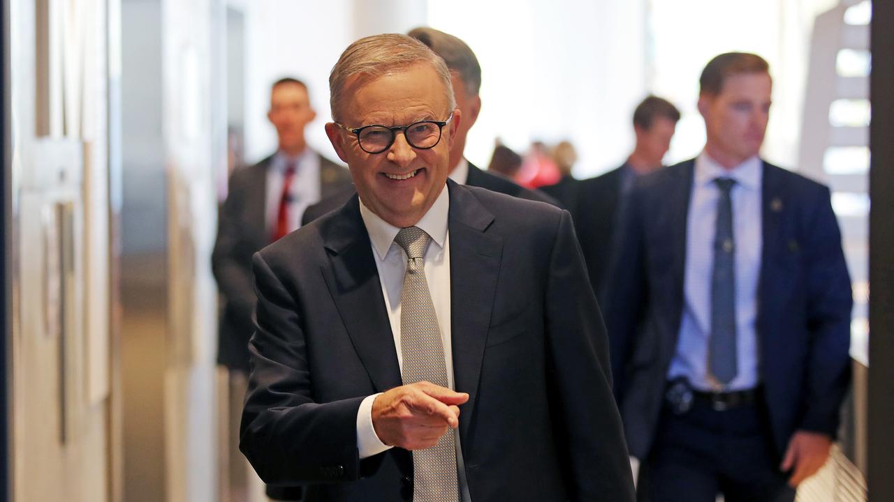 Labor leader Anthony Albanese was all chipper when he met photographers in Melbourne. Picture: Toby Zerna