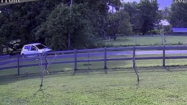 Home security footage has captured the moment the driver of a stolen Hyundai I20 lost control and crashed into a ditch in White Rock. Picture: Screenshot of supplied footage.