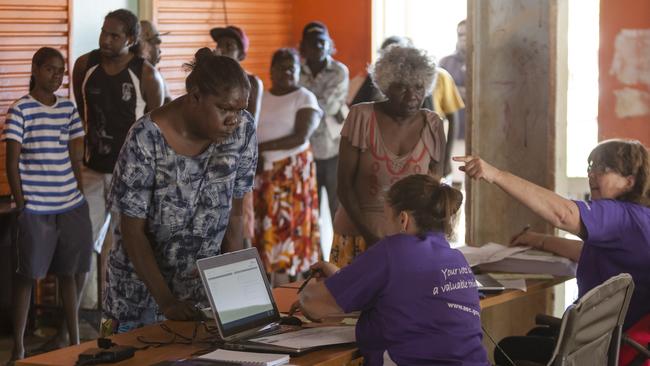 People at a mobile polling booth at Warruwi on Goulburn Island east of Darwin on the first day of mobile polling for the 2013 federal election. Picture: AEC