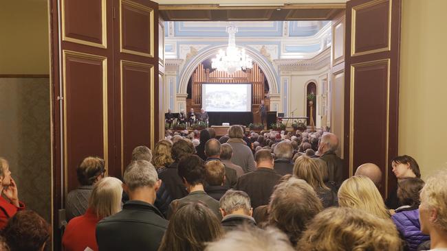 The Hobart Town Hall was overflowing with supporters for the Hobart Not Highrise public meeting. Picture: MATHEW FARRELL