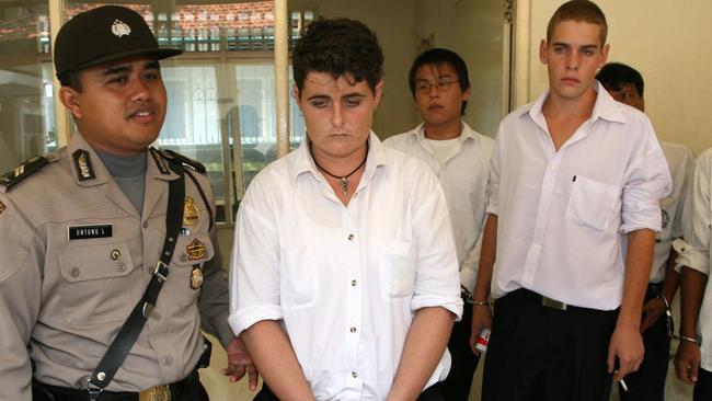 Renae Lawrence (second left), pictured with Matthew Norman (right) and Si Yi Chen (centre) following their arrest and trial in 2005. Picture: Lukman S Bintoro