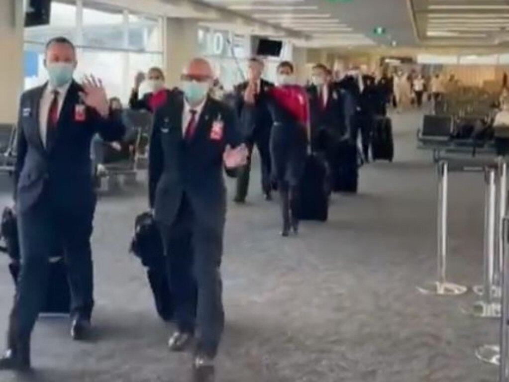 The Qantas crew on their way to board QF1 to London on Monday. Picture: Instagram/Qantas