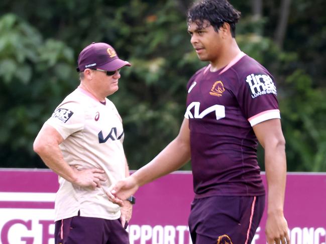 Selwyn Cobbo and Kevin Walters, at Broncos Training, Red Hill, on Monday 9th January 2023 - Photo Steve Pohlner